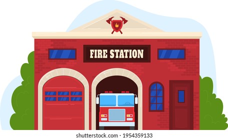 Building fire station, services to population, garage with transport, design cartoon style vector illustration, isolated on white.