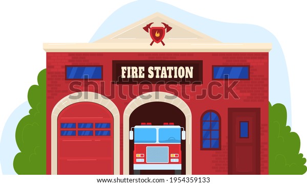 Building fire station, services to population,\
garage with transport, design cartoon style vector illustration,\
isolated on white.