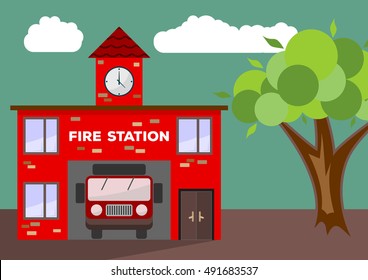 Building of fire station with a truck car in garage. Illustrated vector with flat color style.