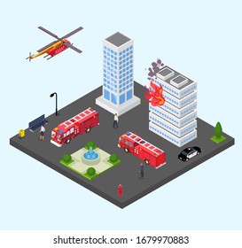 Building in fire vector illustration isometric. Emergency firefighting rescue service fire engine trucks with ladders and police car, helicopter. Apartment house burning.