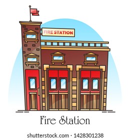 Building for fireman, fire station facade or firehouse construction. Firefighter service icon. Structure in thin line for firemen. Firestation panorama. Architecture and rescue department theme