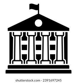 Building with flag and columns solid icon, official department concept, custom house vector sign on white background, glyph style icon for mobile concept and web design. Vector graphics