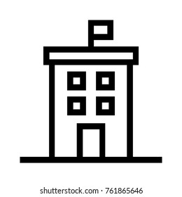 Building with flag flat line icon. Government real estate property linear vector illustration. Isolated on white background.