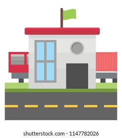 
A building with flag on it offering having train in background depicting railway freight 
