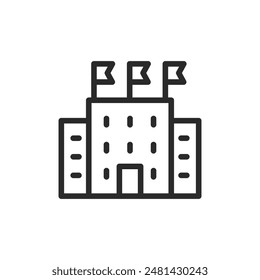 Building with flags, linear style icon. Business center, embassy. Editable stroke width