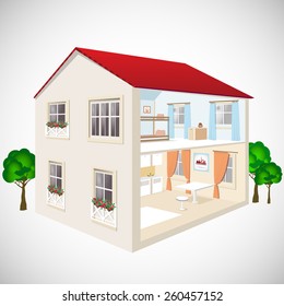 Building flat 3d web isometric concept vector. Exterior and interior isometry rooms. House in cut. Detailed modern house interior. Rooms with furniture