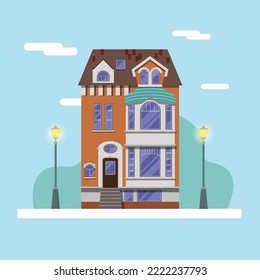 Building with flat design. daylight abstract city. House with lanterns, city and nature in the background.