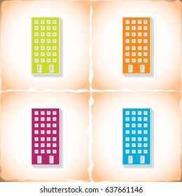 Building. Flat sticker with shadow on old paper. Vector illustration