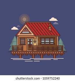 Building floating on river. House with fence and terrace standing on water. Exterior view on landscape with living apartment on backwater, cottage or swimming estate at sea nature. Architecture