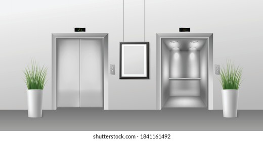 Building floor entrance or lobby with elevator doors and plants, realistic vector illustration. Template with elevator or lift cabin with open and closed doors.