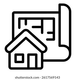 Building floor layout and house line icon, architect studio concept. Vector graphics. Cottage house project, paperwork sign on white background, style mobile or design