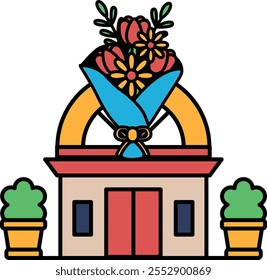 A building with a flower arrangement on top of it. The flower arrangement is a bouquet of flowers