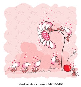 Building of a flower - pink ants - everything grouped for easy use