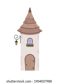 The building is in the form of a tower with a conical roof, a window and a wooden door. Cartoon style. Vector illustration.