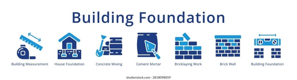Building foundation icons featuring measurement, concrete mixing, cement mortar and bricklaying for construction site design.