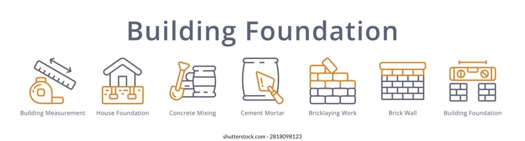 Building foundation icons featuring measurement, concrete mixing, cement mortar and bricklaying for construction site design.