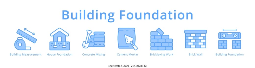 Building foundation icons featuring measurement, concrete mixing, cement mortar and bricklaying for construction site design.