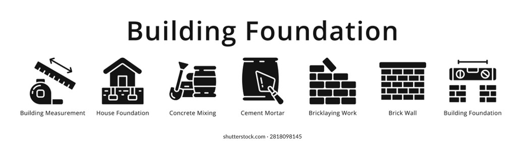 Building foundation icons featuring measurement, concrete mixing, cement mortar and bricklaying for construction site design.