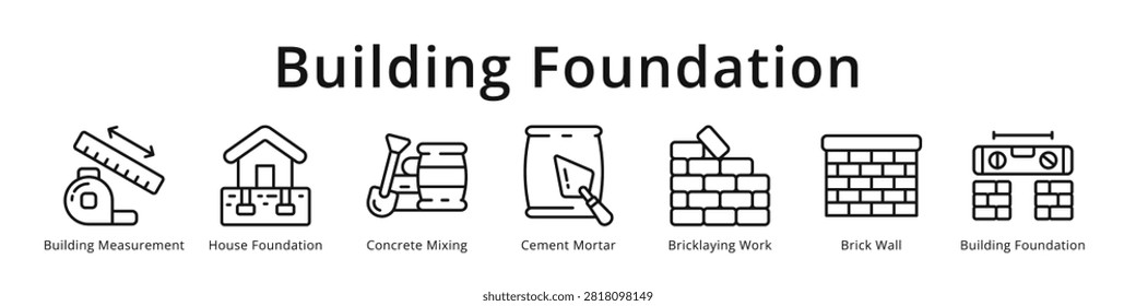 Building foundation icons featuring measurement, concrete mixing, cement mortar and bricklaying for construction site design.