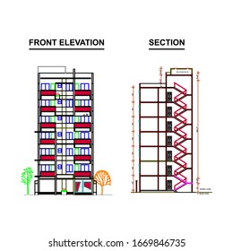 Building Front Elevation And Front Section