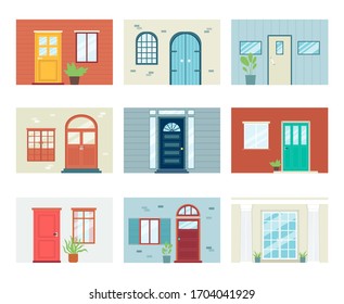 Building front entrance elements set with doors and windows, flat vector illustration isolated on white background. Part of wall with doorways architectural symbols.