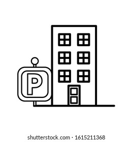 building front facade with parking signal vector illustration design