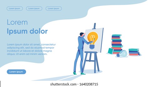 Building Future and Self- development. Businessman Creating Own Business Plan Inspired by Bright Idea and Knowledge. Smart Solutions for Company Growth and Prosperity. Flat Vector Illustration.