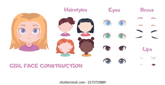 Building a girl's face, creating an avatar with different parts of the head, isolated on a white background. Vector cartoon set of young women or children eyes, eyebrows and lips. Face generator skin