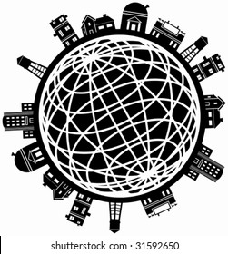 Building Globe Line Art : Set of structure icons on a round globe.
