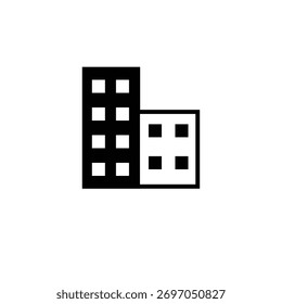 Icono de glifo de construcción que representa la infraestructura de oficinas o ciudades.