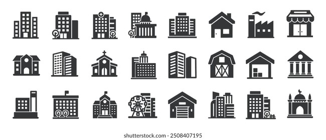 Building glyph solid icons collection. Containing skyscraper, government, hospital, house. Minimal icon and symbol series vector illustration