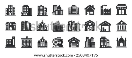 Building glyph solid icons collection. Containing skyscraper, government, hospital, house. Minimal icon and symbol series vector illustration