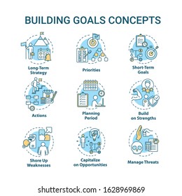 Building goals concept icons set. Setting target to achieve. Improving performance. Self-development idea thin line RGB color illustrations. Vector isolated outline drawings. Editable stroke