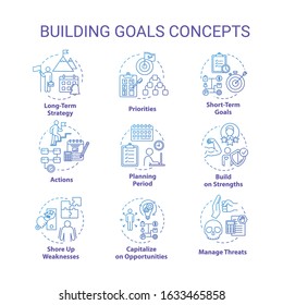 Building goals concept icons set. Setting target to achieve. SWOT strategies. Self-development idea thin line RGB color illustrations. Vector isolated outline drawings. Editable stroke