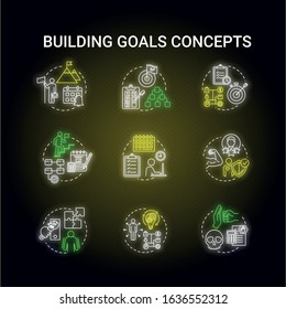 Building goals neon light concept icons set. Capitalizae on opportunity. Setting target to achieve. Improving performance. Self-development idea. Glowing vector isolated RGB color illustration