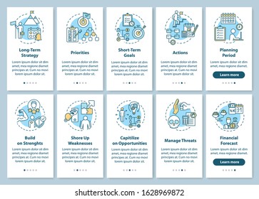Building goals onboarding mobile app page screen with concepts. Opportunities, priorities. Planning walkthrough 5 steps graphic instructions. UI vector template with RGB color illustrations