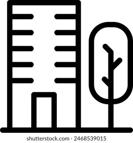 Building green city icon with black outline style. building, city, office, urban, architecture, business, construction. Vector Illustration