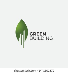 Building with green leaf symbol logo design.Vector