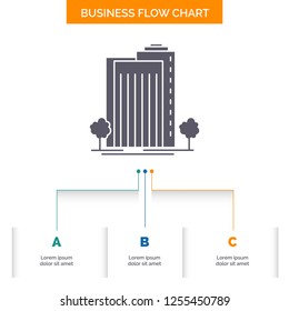 Building, Green, Plant, City, Smart Business Flow Chart Design with 3 Steps. Glyph Icon For Presentation Background Template Place for text.