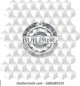 Building grey badge with geometric cube white background