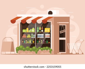 The building of a grocery store with an advertising stand and a grocery cart. Showcase with products. Vector illustration