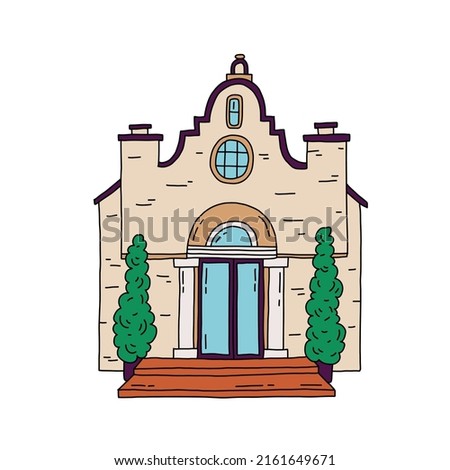 Building hand drawn flat church building illustration. Wedding ceremony, colorful drawing.