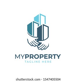Building with hand logo design concept.Property icon 