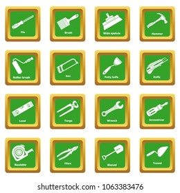 Building hand tool icons set vector green square isolated on white background 