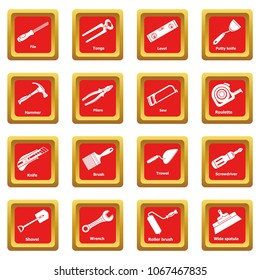 Building hand tool icons set vector red square isolated on white background 