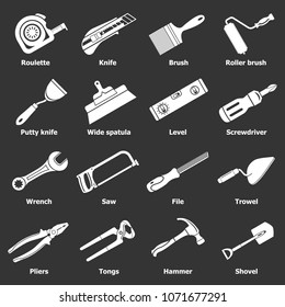 Building hand tool icons set vector white isolated on grey background 