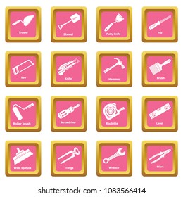 Building hand tool icons set vector pink square isolated on white background 