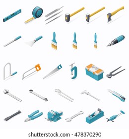 Building hand tools isometric detailed icons set vector graphic illustration