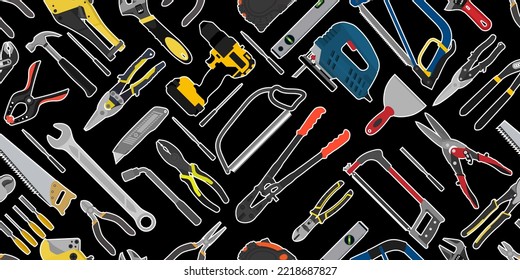 Building hand tools seamless pattern Equipment for repair background