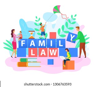 Building Happy Family. Mom And Kid. Family Law. Books, Healthy Environment. Dad Puts Block. Children Play. Lawyer Services Concept. Civil Law Protection. Insurance, Future Guarantee. Vector EPS 10.